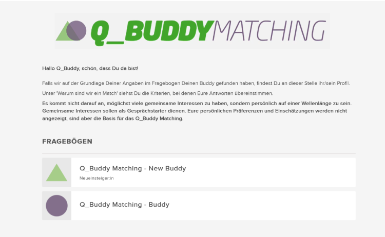 Startseite der Q_Buddy Matchingplattform
